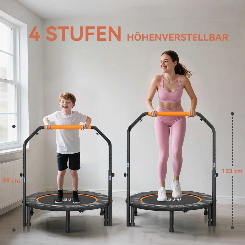 HOMCOM 102 cm fitneso batutas, sulankstomas mini batutas su keturių lygių reguliuojama rankena, fitneso atšokimo batutas suaugusiems, iki 100 kg, juodas