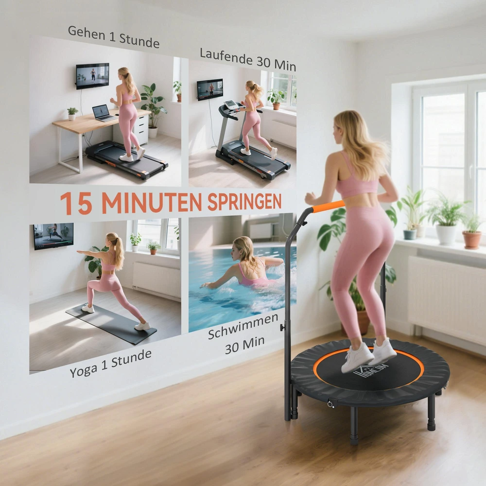 HOMCOM 102 cm fitneso batutas, sulankstomas mini batutas su keturių lygių reguliuojama rankena, fitneso atšokimo batutas suaugusiems, iki 100 kg, juodas