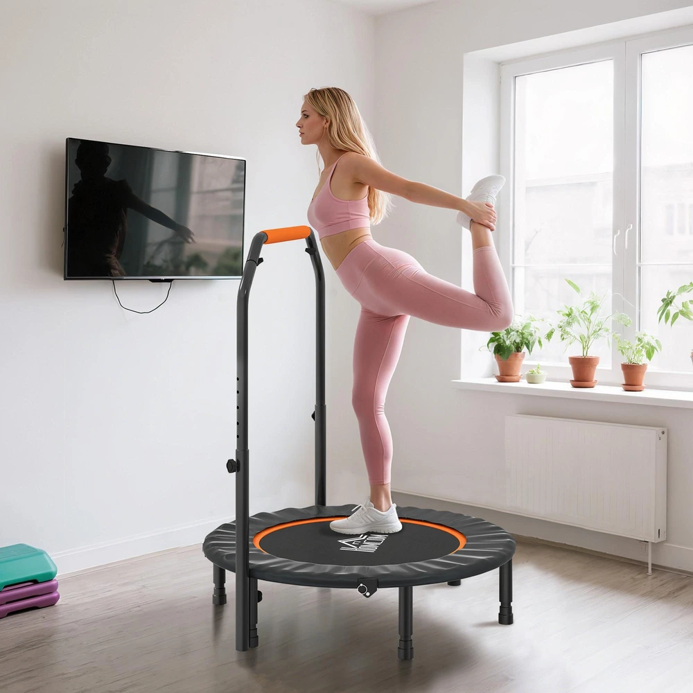 HOMCOM 102 cm fitneso batutas, sulankstomas mini batutas su keturių lygių reguliuojama rankena, fitneso atšokimo batutas suaugusiems, iki 100 kg, juodas