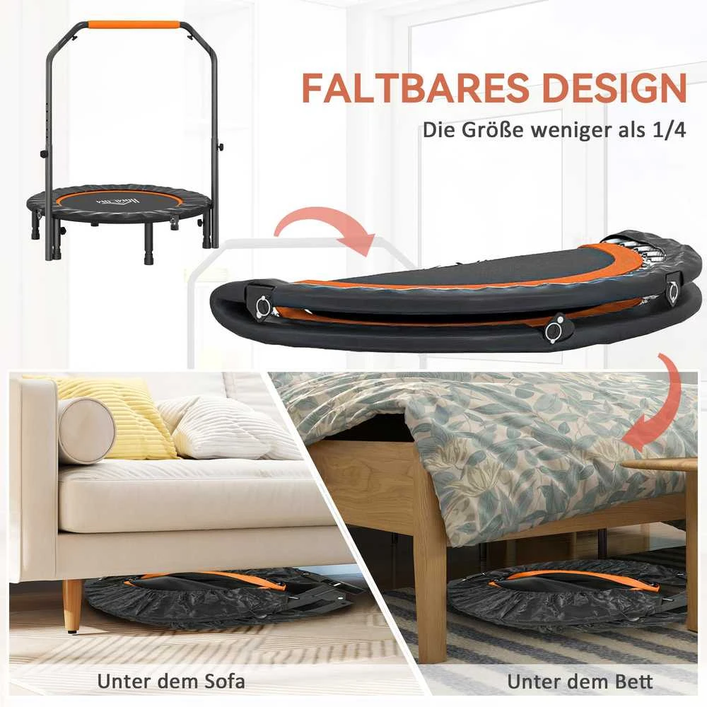 HOMCOM 102 cm fitneso batutas, sulankstomas mini batutas su keturių lygių reguliuojama rankena, fitneso atšokimo batutas suaugusiems, iki 100 kg, juodas