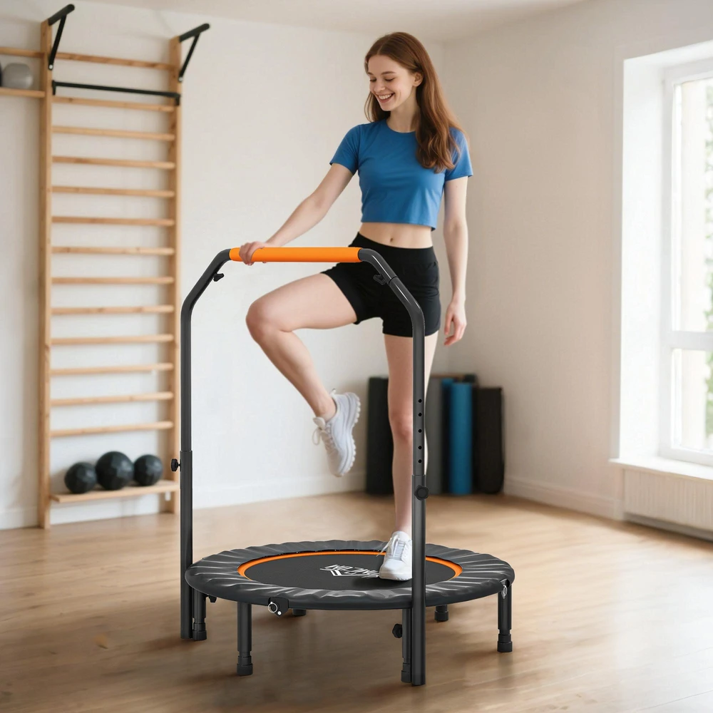 HOMCOM 102 cm fitneso batutas, sulankstomas mini batutas su keturių lygių reguliuojama rankena, fitneso atšokimo batutas suaugusiems, iki 100 kg, juodas
