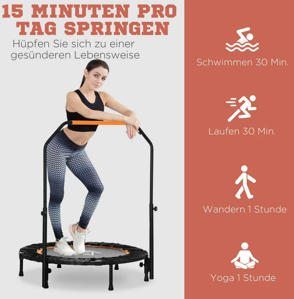 HOMCOM 102 cm fitneso batutas, sulankstomas mini batutas su keturių lygių reguliuojama rankena, fitneso atšokimo batutas suaugusiems, iki 100 kg, juodas