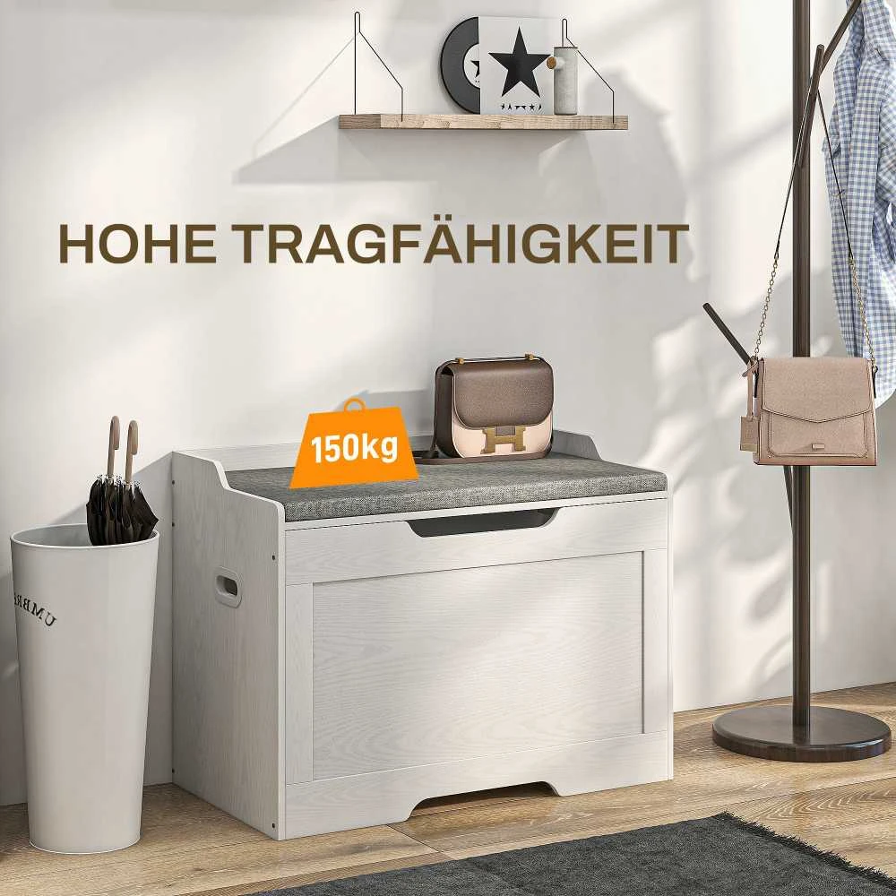 HOMCOM 103 litrų talpos dėžė daiktams su dangčiu, sėdima dalis, suoliukas su daiktadėže, nuimama sėdimoji pagalvėlė, svetainei, miegamajam, balta