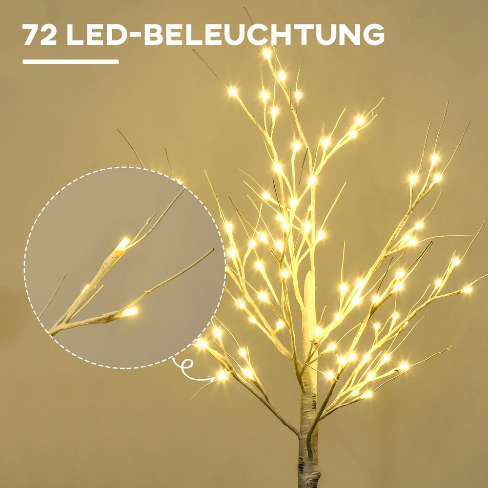 LED dirbtinis beržas su 72 šiltai baltomis LED lemputėmis, baltas, 17 x 17 x 120 cm