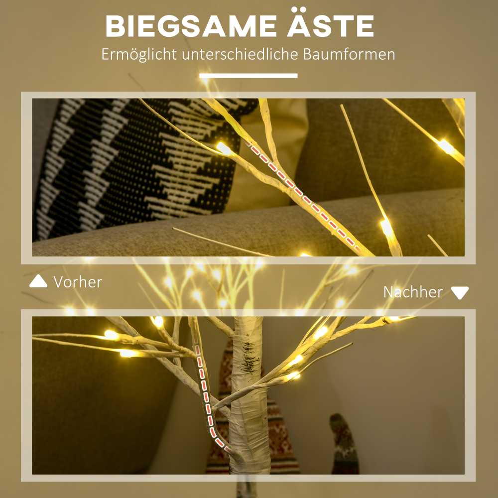 Homcom LED dirbtinis beržas su 72 šiltai baltomis LED lemputėmis, baltas, 17 x 17 x 120 cm