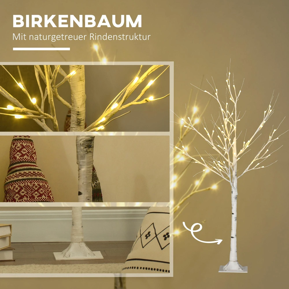 LED dirbtinis beržas su 72 šiltai baltomis LED lemputėmis, baltas, 17 x 17 x 120 cm