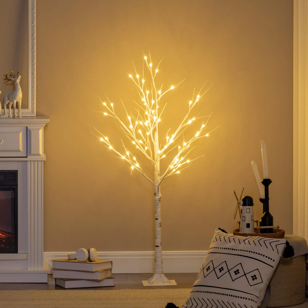 LED dirbtinis beržas su 72 šiltai baltomis LED lemputėmis, baltas, 17 x 17 x 120 cm