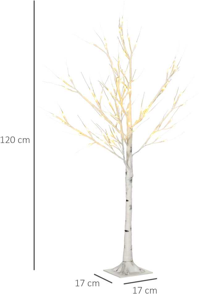 Homcom LED dirbtinis beržas su 72 šiltai baltomis LED lemputėmis, baltas, 17 x 17 x 120 cm
