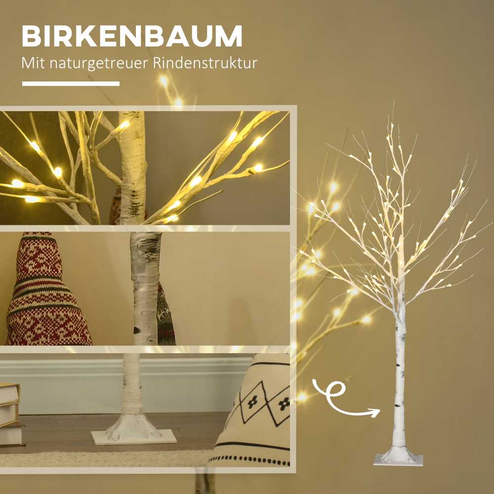 Homcom LED dirbtinis beržas su 72 šiltai baltomis LED lemputėmis, baltas, 17 x 17 x 120 cm