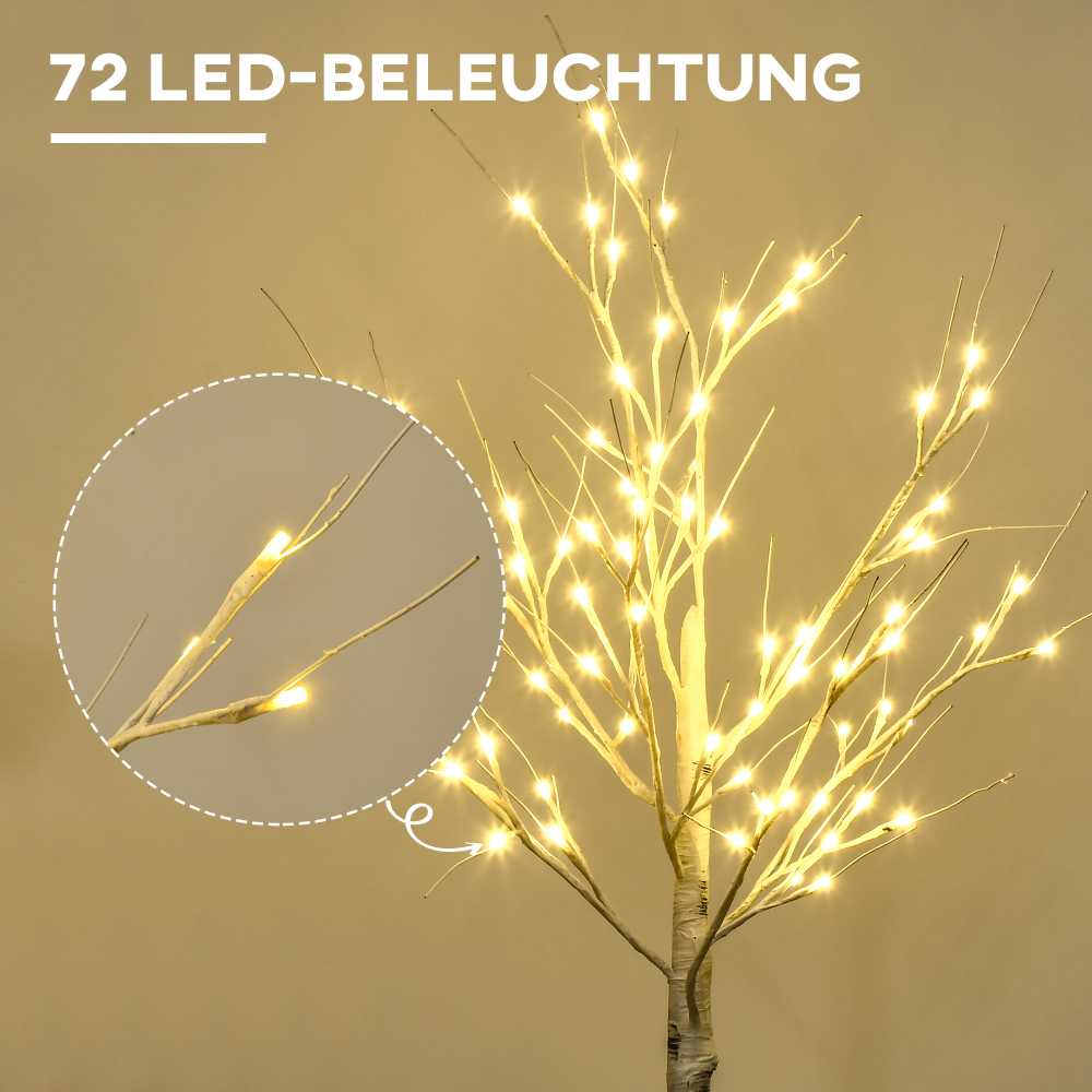 Homcom LED dirbtinis beržas su 72 šiltai baltomis LED lemputėmis, baltas, 17 x 17 x 120 cm