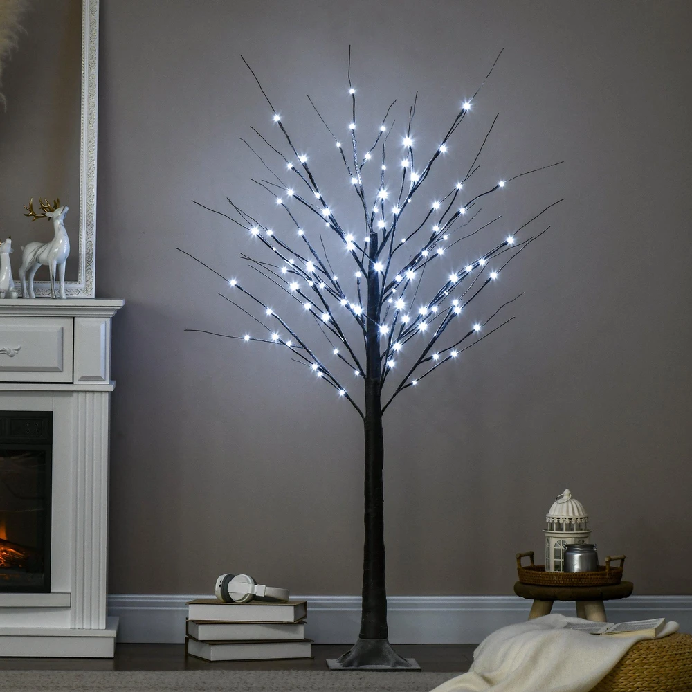 HOMCOM 150 cm dirbtinė eglutė, beržas su 96 LED, dirbtinis sniegas, Kalėdų eglutė beržas, Kalėdų dekoracijos dirbtinis beržas vakarėliui, gimtadieniui, vestuvėms, rudos spalvos