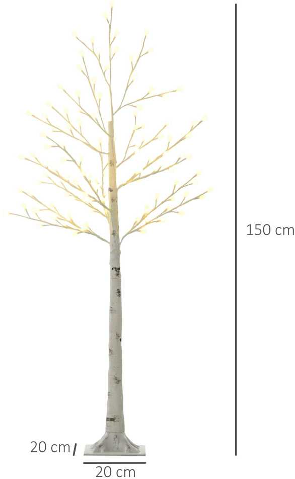 HOMCOM 150 cm šviečianti eglutė, beržinė eglutė su 120 šiltai baltos spalvos 3 ryškumo lygių LED, Kalėdų eglutė beržinė, Led eglutė dirbtinė beržinė, skirta vakarėliui, gimtadieniui, vestuvėms IP44 Balta