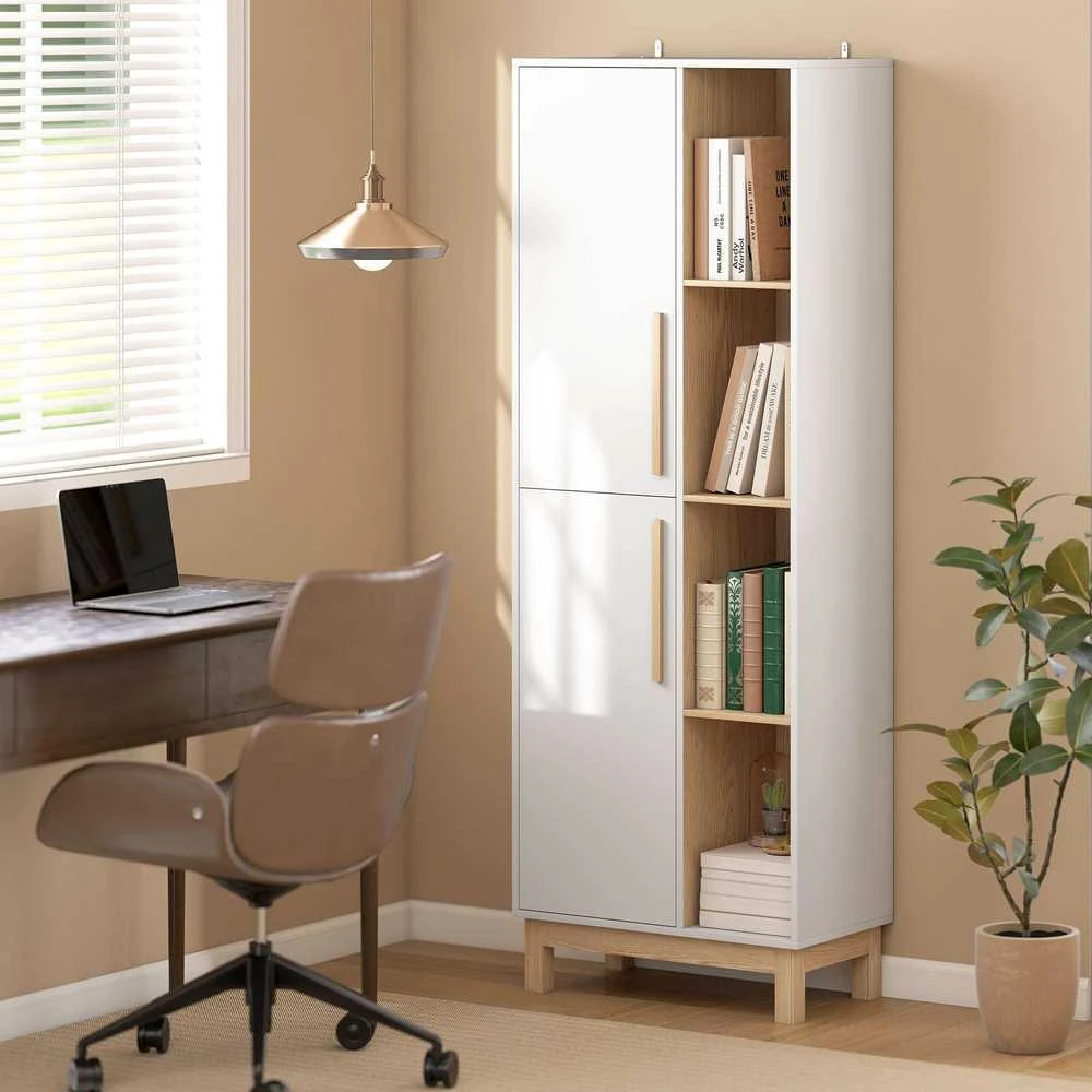 HOMCOM 176 cm aukščio knygų lentyna, 4 atviros lentynos, 2 spintelės, laisvai pastatoma, MDF, balta