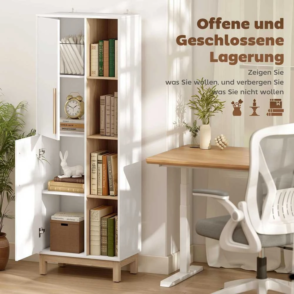 HOMCOM 176 cm aukščio knygų lentyna, 4 atviros lentynos, 2 spintelės, laisvai pastatoma, MDF, balta