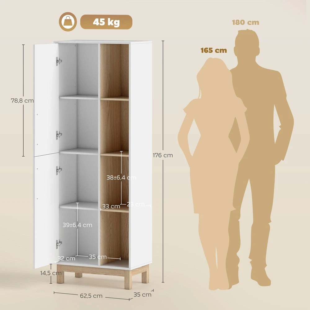 HOMCOM 176 cm aukščio knygų lentyna, 4 atviros lentynos, 2 spintelės, laisvai pastatoma, MDF, balta