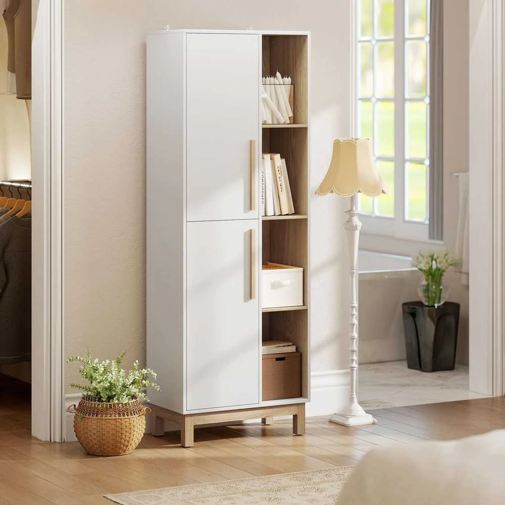 HOMCOM 176 cm aukščio knygų lentyna, 4 atviros lentynos, 2 spintelės, laisvai pastatoma, MDF, balta
