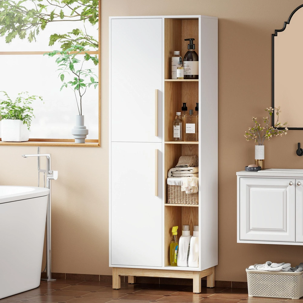 HOMCOM 176 cm aukščio knygų lentyna, 4 atviros lentynos, 2 spintelės, laisvai pastatoma, MDF, balta