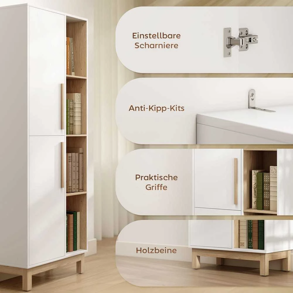 HOMCOM 176 cm aukščio knygų lentyna, 4 atviros lentynos, 2 spintelės, laisvai pastatoma, MDF, balta