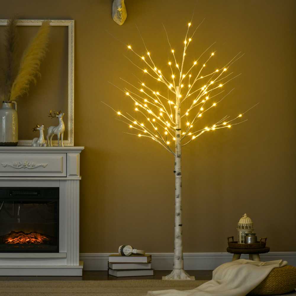 Homcom LED dekoratyvinis beržas su 96 šiltai baltomis LED lemputėmis, baltas, 22 × 22 × 180 cm