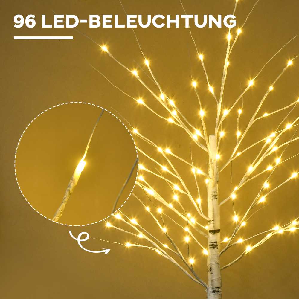 Homcom LED dekoratyvinis beržas su 96 šiltai baltomis LED lemputėmis, baltas, 22 × 22 × 180 cm