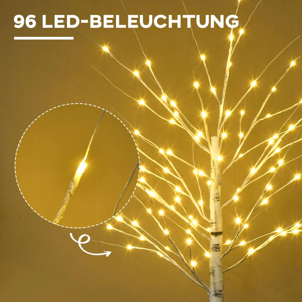 LED dekoratyvinis beržas su 96 šiltai baltomis LED lemputėmis, baltas, 22 × 22 × 180 cm