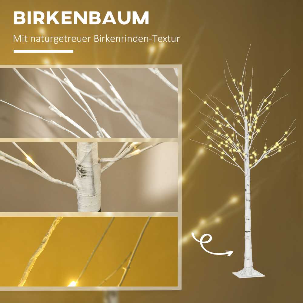 Homcom LED dekoratyvinis beržas su 96 šiltai baltomis LED lemputėmis, baltas, 22 × 22 × 180 cm