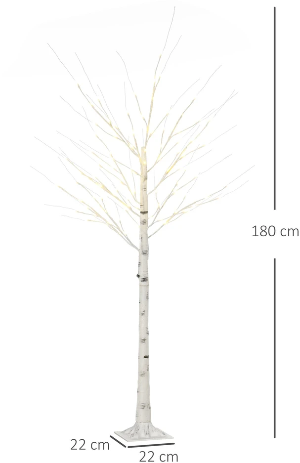 LED dekoratyvinis beržas su 96 šiltai baltomis LED lemputėmis, baltas, 22 × 22 × 180 cm