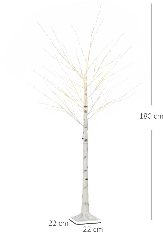 Homcom LED dekoratyvinis beržas su 96 šiltai baltomis LED lemputėmis, baltas, 22 × 22 × 180 cm