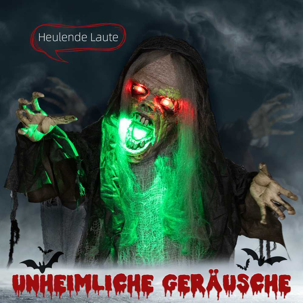 HOMCOM 183cm Helovino dekoracija Kabanti pabaisa su žaliomis LED lemputėmis, garso funkcija, priekinių durų dekoracija su reguliuojamomis rankomis, natūralaus dydžio sodo dekoracija, skirta vakarėliams