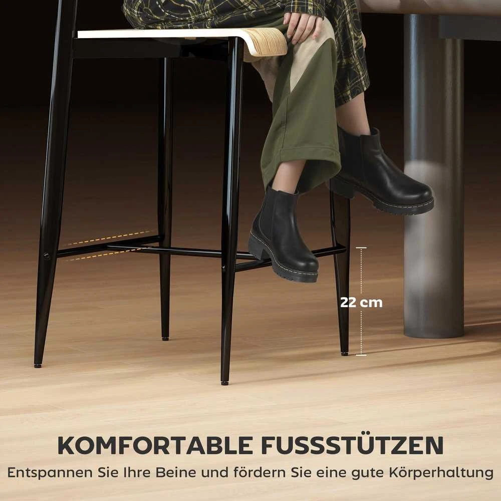 HOMCOM baro kėdžių komplektas (2 vnt.), baro kėdė su kojų atrama, metalinis rėmas, virtuvės kėdė, sėdynės aukštis 66 cm, prekystalio kėdė, lengvas surinkimas, industrinio stiliaus natūralus medis + juoda