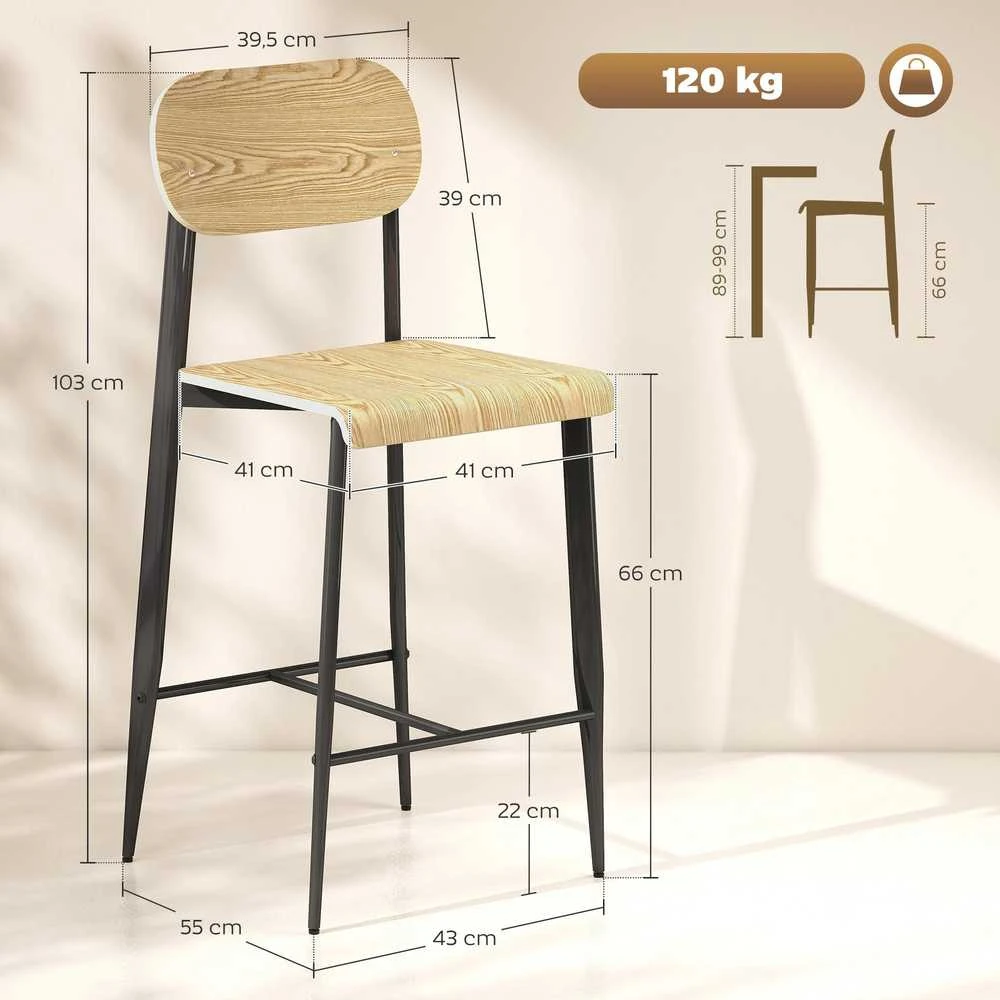HOMCOM baro kėdžių komplektas (2 vnt.), baro kėdė su kojų atrama, metalinis rėmas, virtuvės kėdė, sėdynės aukštis 66 cm, prekystalio kėdė, lengvas surinkimas, industrinio stiliaus natūralus medis + juoda