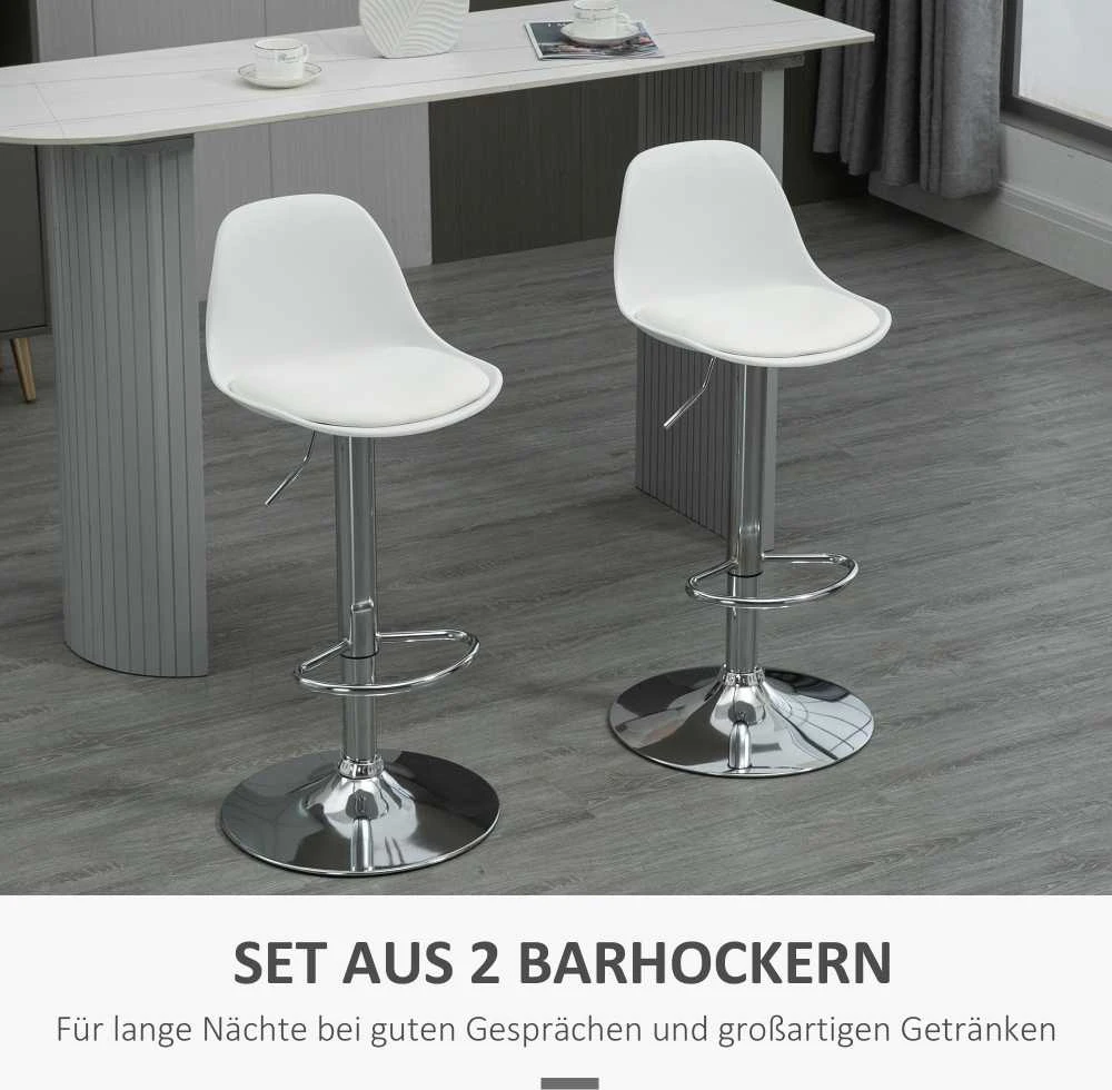 HOMCOM 2 baro kėdžių komplektas, su atlošu, modernaus dizaino, reguliuojamo aukščio, barui, balta spalva, dirbtinė oda, plienas, iki 120 kg, 40x42x82-104 cm