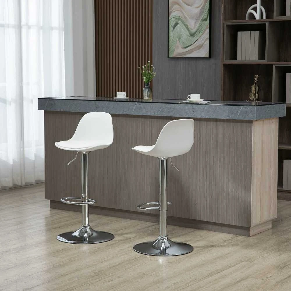 HOMCOM 2 baro kėdžių komplektas, su atlošu, modernaus dizaino, reguliuojamo aukščio, barui, balta spalva, dirbtinė oda, plienas, iki 120 kg, 40x42x82-104 cm