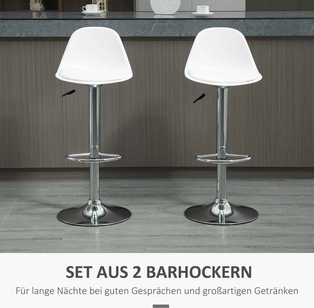 HOMCOM 2 baro kėdžių komplektas, su atlošu, modernaus dizaino, reguliuojamo aukščio, barui, balta spalva, dirbtinė oda, plienas, iki 120 kg, 40x42x82-104 cm