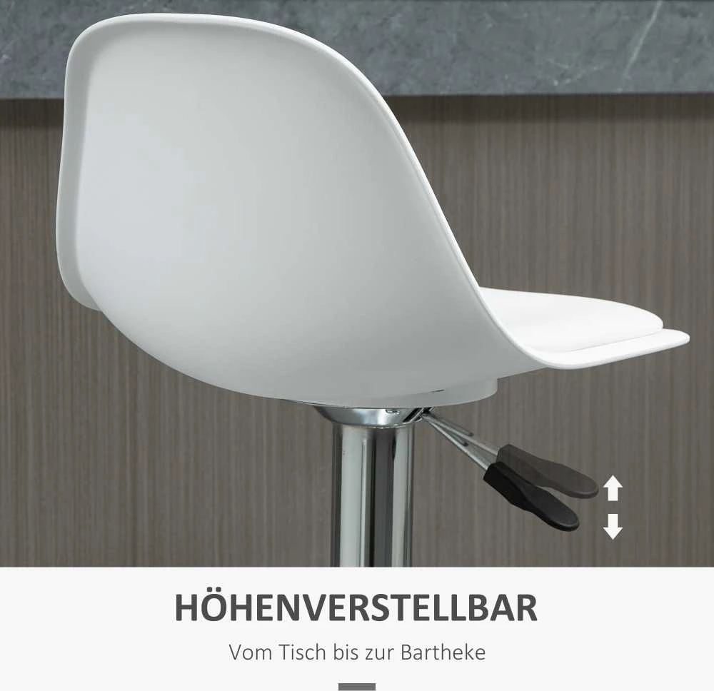 HOMCOM 2 baro kėdžių komplektas, su atlošu, modernaus dizaino, reguliuojamo aukščio, barui, balta spalva, dirbtinė oda, plienas, iki 120 kg, 40x42x82-104 cm