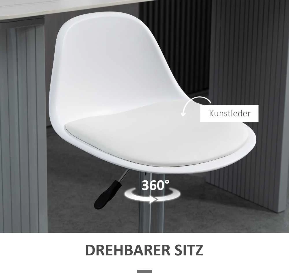 HOMCOM 2 baro kėdžių komplektas, su atlošu, modernaus dizaino, reguliuojamo aukščio, barui, balta spalva, dirbtinė oda, plienas, iki 120 kg, 40x42x82-104 cm