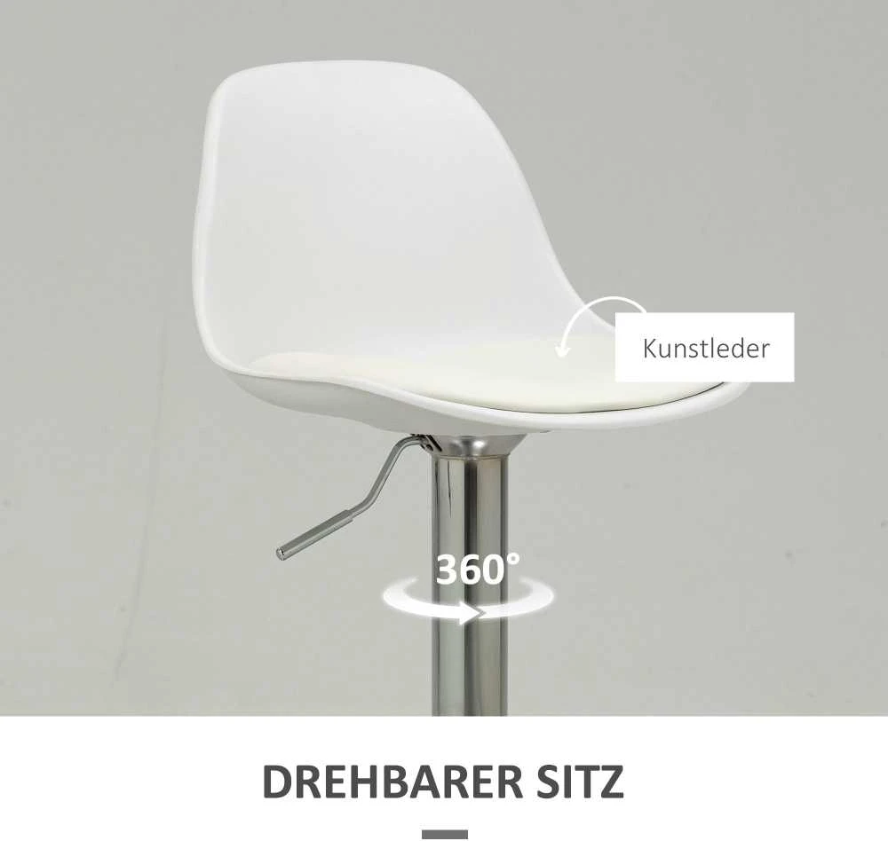 HOMCOM 2 baro kėdžių komplektas, su atlošu, modernaus dizaino, reguliuojamo aukščio, barui, balta spalva, dirbtinė oda, plienas, iki 120 kg, 40x42x82-104 cm