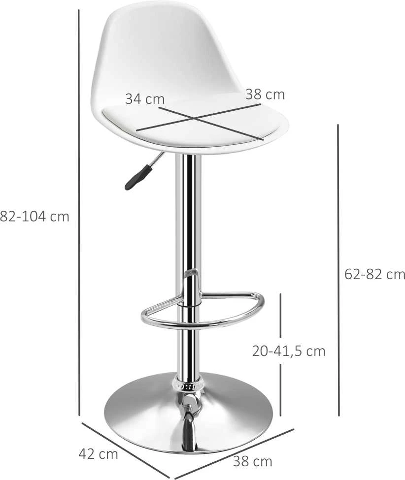 HOMCOM 2 baro kėdžių komplektas, su atlošu, modernaus dizaino, reguliuojamo aukščio, barui, balta spalva, dirbtinė oda, plienas, iki 120 kg, 40x42x82-104 cm