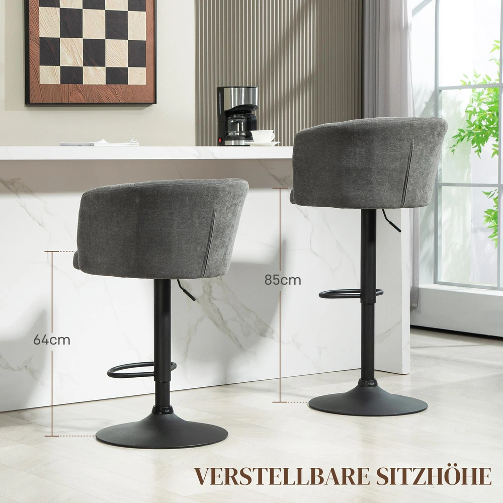 HOMCOM 2 dalių baro kėdžių komplektas, bistro kėdės su kojų atrama, besisukančios baro kėdės, reguliuojamo aukščio virtuvinės kėdės su lininiu apmušalu, svetainei, valgomajam, tamsiai pilkos
