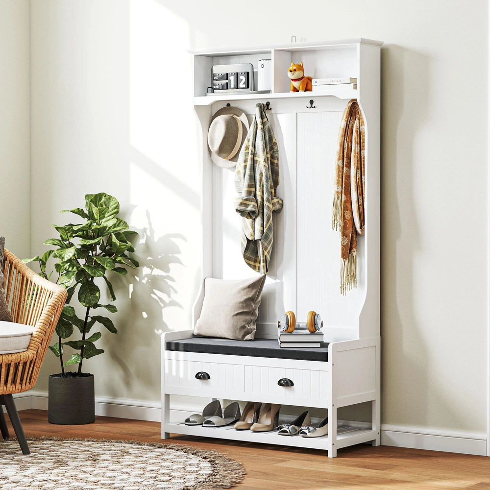 HOMCOM 2-in-1 drabužių kabykla, kabykla su 4 kabliukais, garderobas su suoliuku batams ir lentynomis, kabykla su apsauga nuo apvirtimo, skirta prieškambariui, koridoriui, miegamajam, balta+pilka