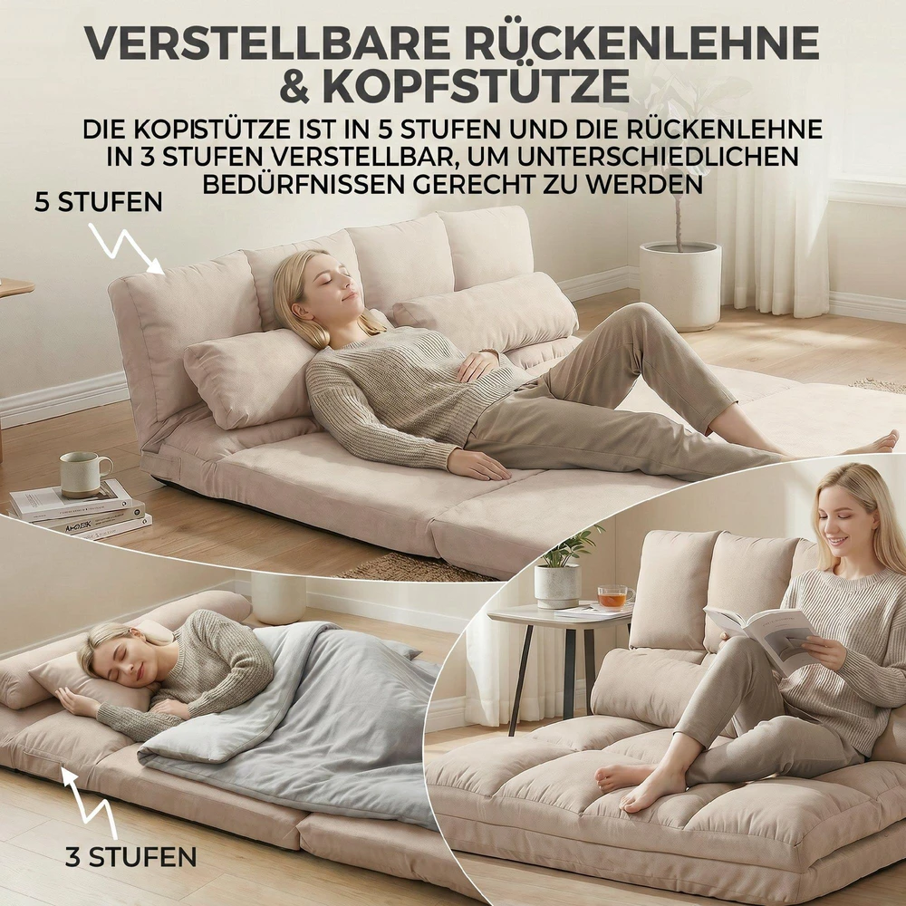 Fotelis HOMCOM 2-in-1 grindų sėdynė, sofa-lova su 3 padėčių reguliuojamu atlošu, aksominė, smėlio spalvos, 102x73x60 cm