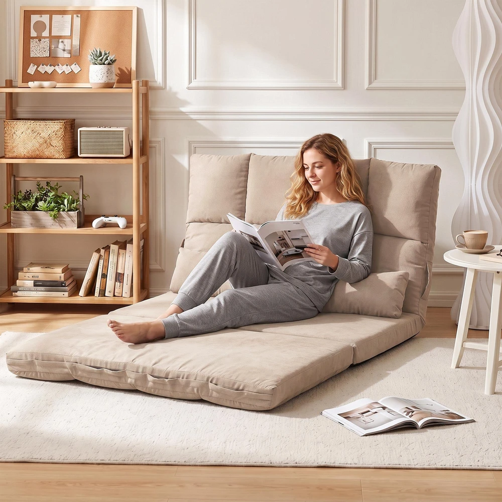 Fotelis HOMCOM 2-in-1 grindų sėdynė, sofa-lova su 3 padėčių reguliuojamu atlošu, aksominė, smėlio spalvos, 102x73x60 cm