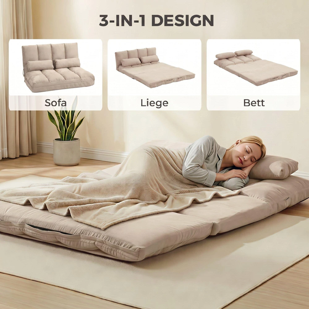 Fotelis HOMCOM 2-in-1 grindų sėdynė, sofa-lova su 3 padėčių reguliuojamu atlošu, aksominė, smėlio spalvos, 102x73x60 cm