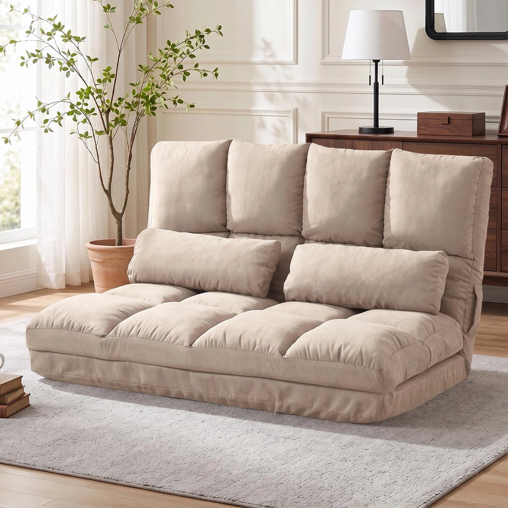 Fotelis HOMCOM 2-in-1 grindų sėdynė, sofa-lova su 3 padėčių reguliuojamu atlošu, aksominė, smėlio spalvos, 102x73x60 cm