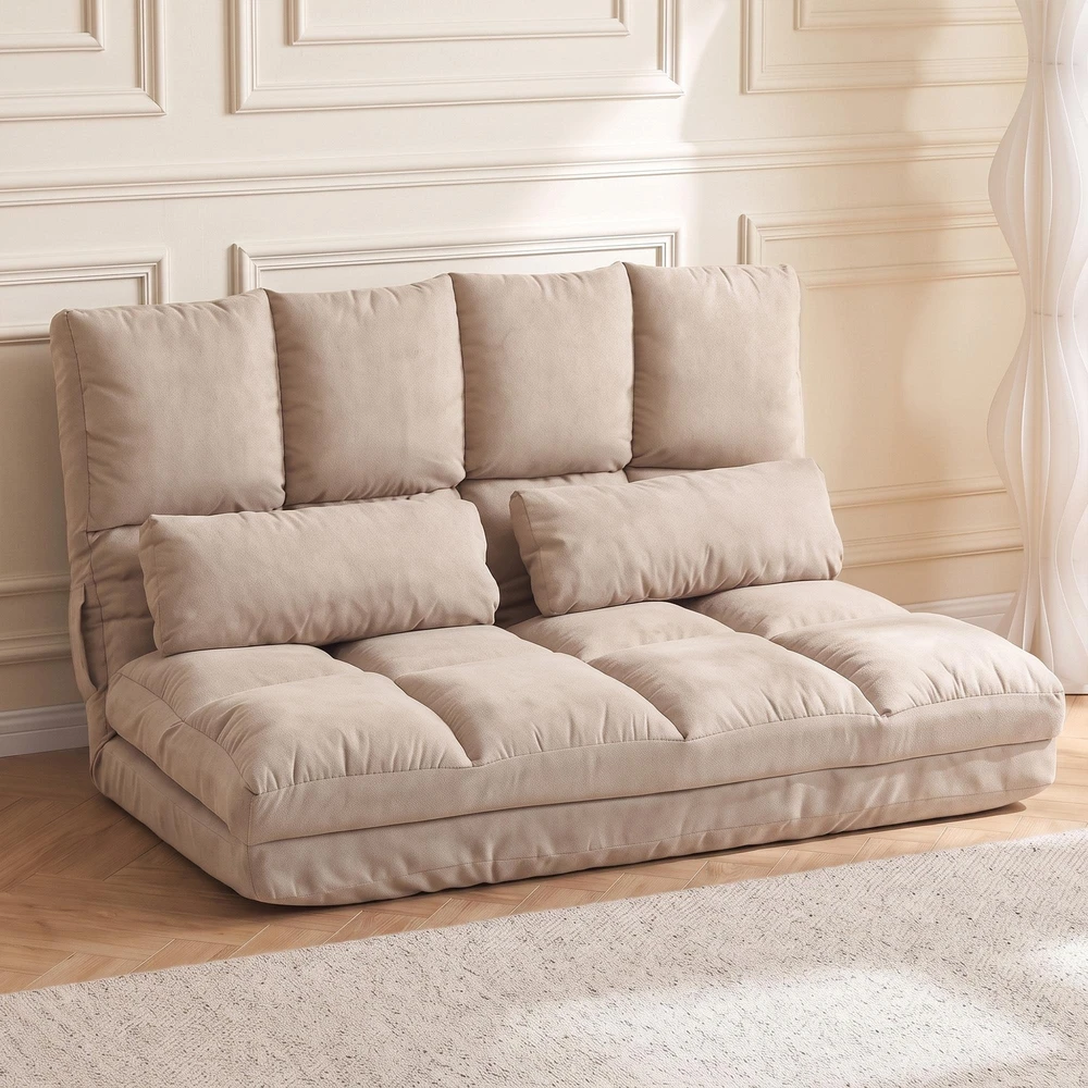 Fotelis HOMCOM 2-in-1 grindų sėdynė, sofa-lova su 3 padėčių reguliuojamu atlošu, aksominė, smėlio spalvos, 102x73x60 cm