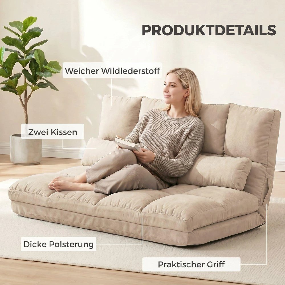 Fotelis HOMCOM 2-in-1 grindų sėdynė, sofa-lova su 3 padėčių reguliuojamu atlošu, aksominė, smėlio spalvos, 102x73x60 cm