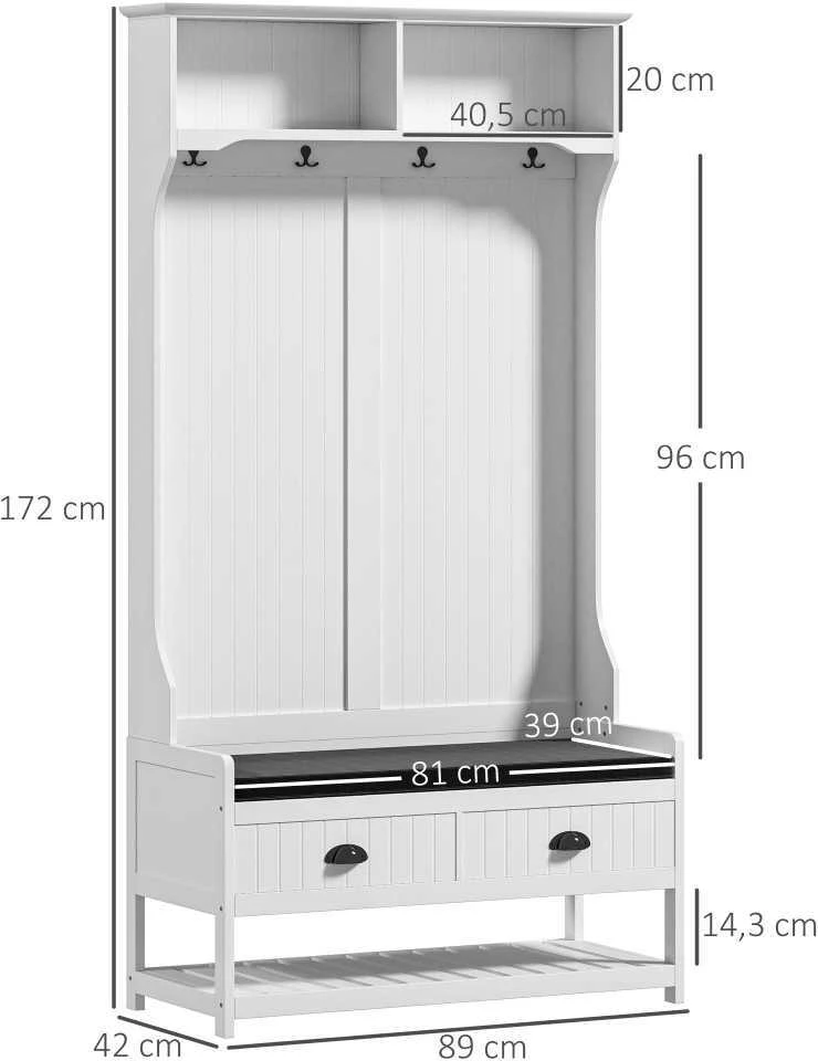 HOMCOM 2-in-1 kabykla, 4 kabliukų kabykla, kabykla su batų suoleliu ir lentynomis, striukės lentyna su apsauga nuo pasvirimo, skirta prieškambariui, prieškambariui, miegamajam, balta+pilka