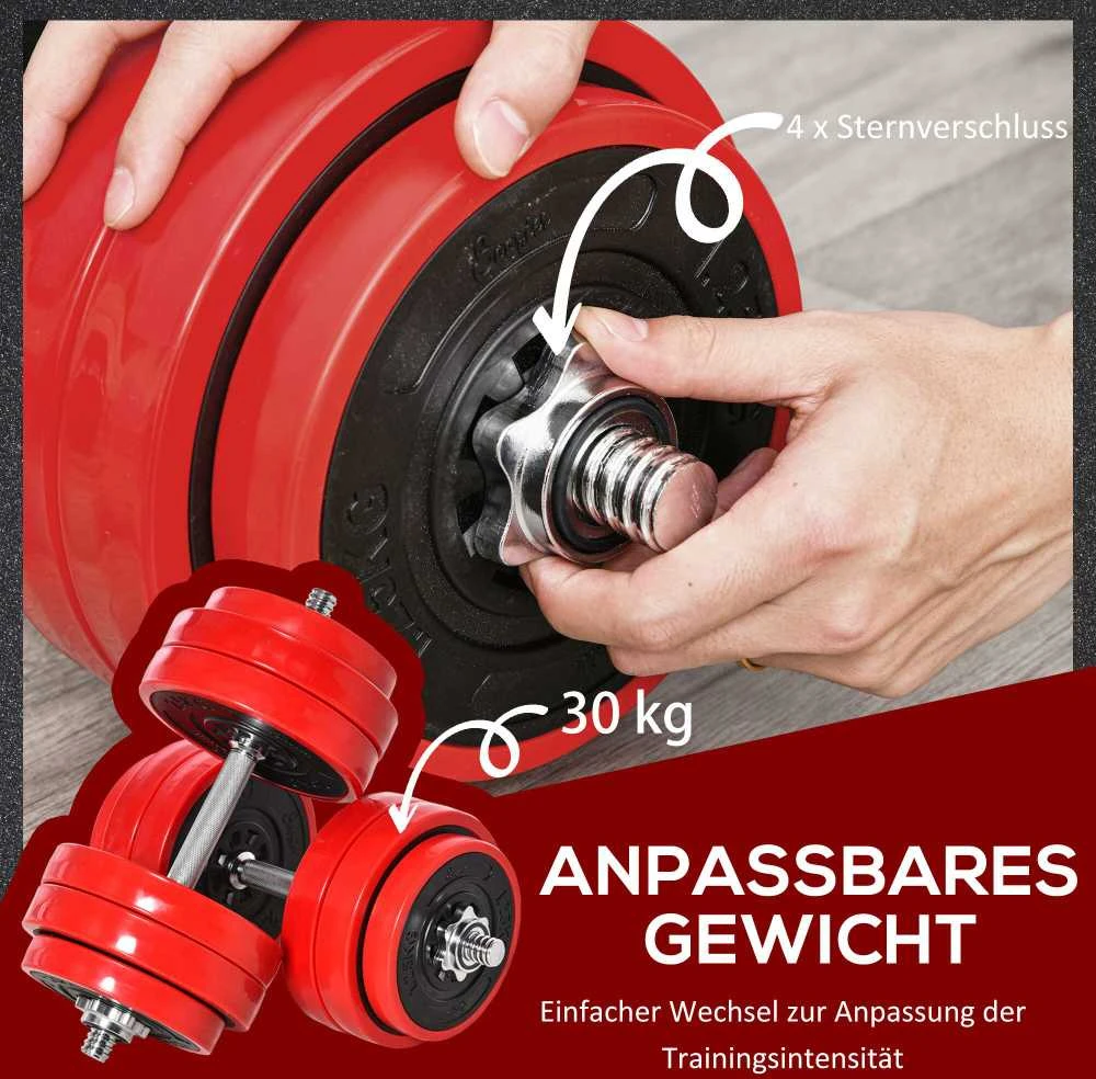 HOMCOM 2-in-1 reguliuojamų svarmenų rinkinys 20/30 kg, plienas/PP plastikas, raudona/juoda