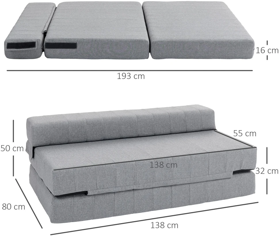 HOMCOM 2-in-1 sulankstoma grindų sofa-lova, lino išvaizdos, skirta 2 asmenims, paminkštinta, atlaikanti iki 250 kg, svetainei ir miegamajam, pilka