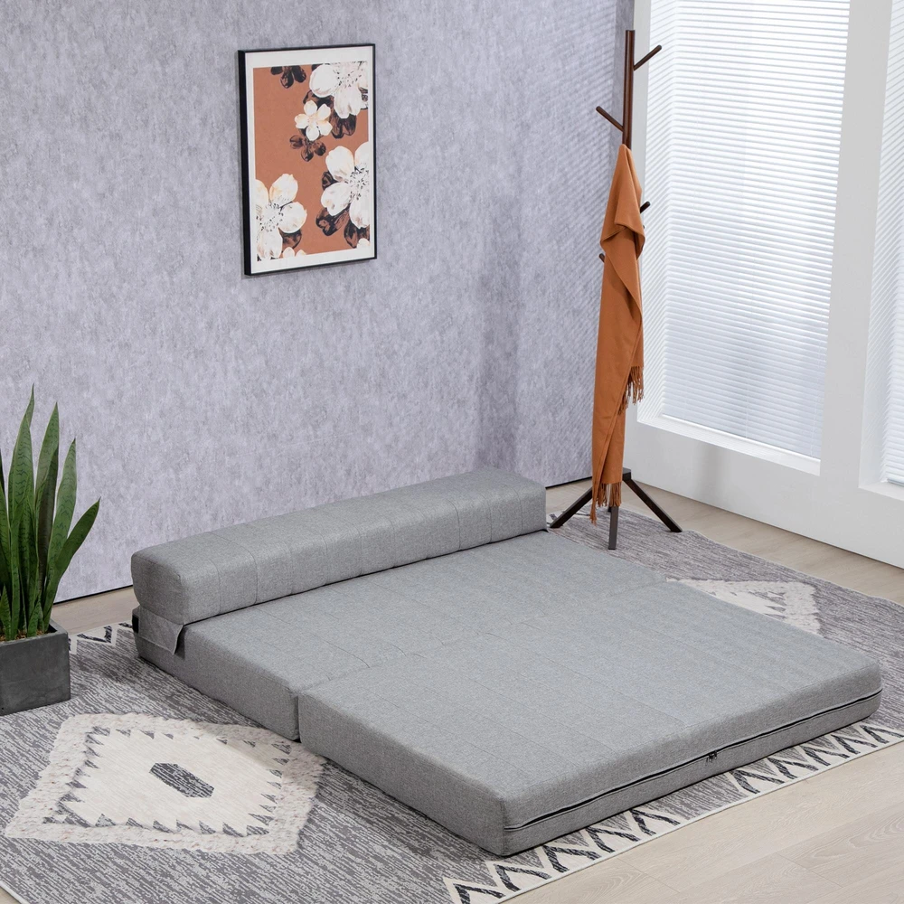 HOMCOM 2-in-1 sulankstoma grindų sofa-lova, lino išvaizdos, skirta 2 asmenims, paminkštinta, atlaikanti iki 250 kg, svetainei ir miegamajam, pilka